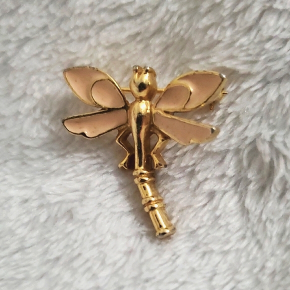 Vintage Trifari Gold Tone and Enamel Dragonfly Pin Brooch Signed